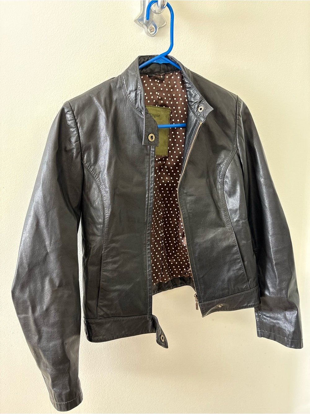 Rogue Black Leather Jacket with Polka-Dot Lining